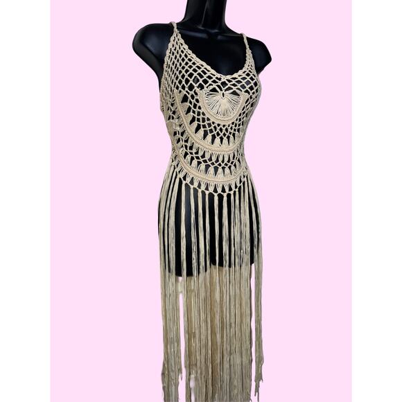 New Medium Khaki Beige Knit‎ Fringe Crochet Swimsuit Cover Up Maxi Dress Beach - Picture 2 of 5
